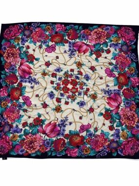 Diane Freis Vibrant Floral Square Scarf in Cream & Navy